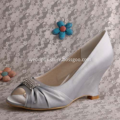 Peep Toe Wedding Wedge Heel Navy Satin Shoes